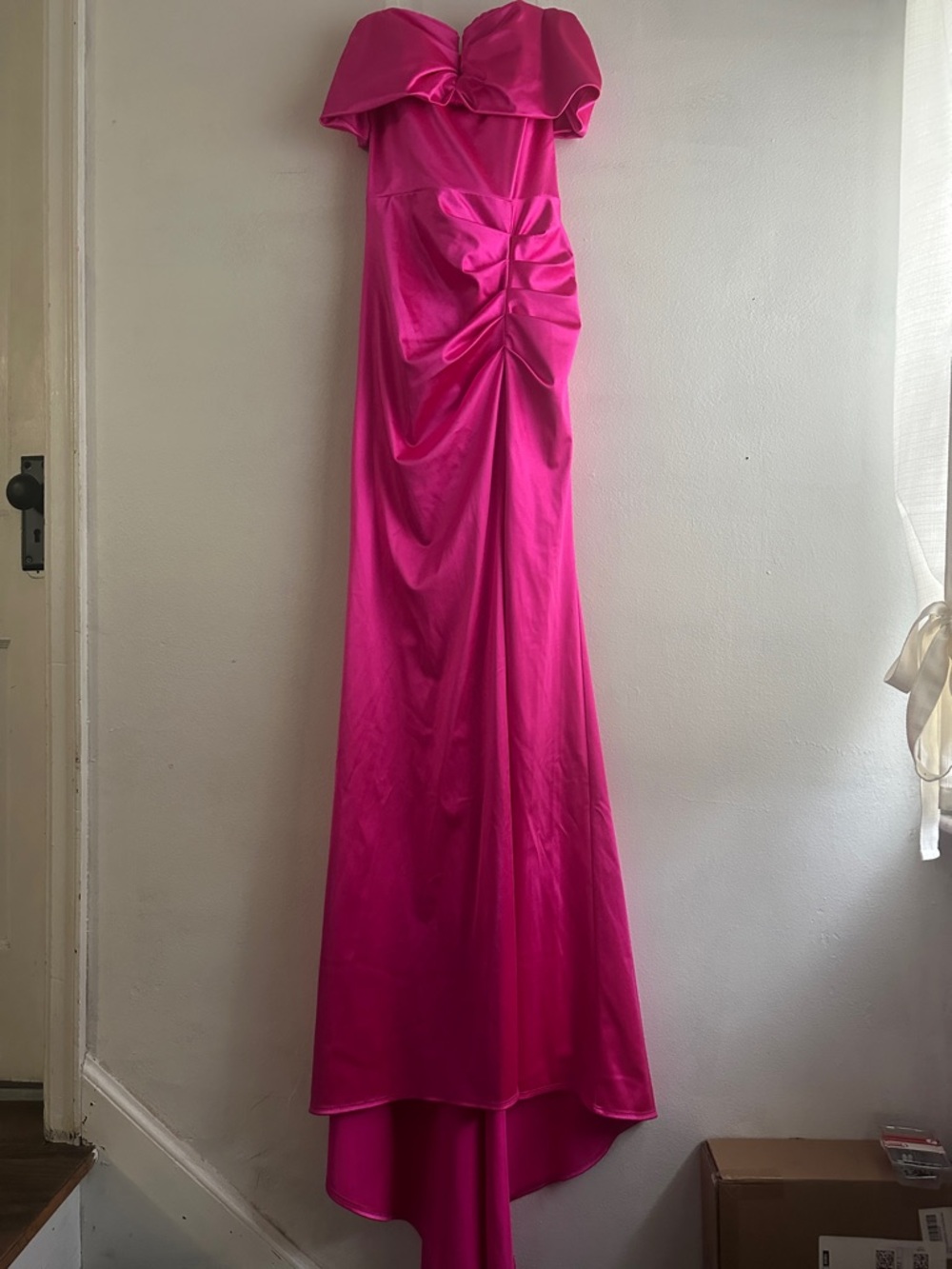 B Darlin Vibrant Pink Off-Shoulder Evening Gown